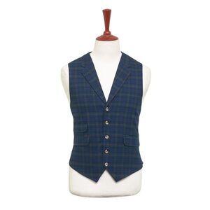 Mens Vest 44R Tartan Plaid Blue Green Red Wool Lapel Waistcoat Formal Wedding